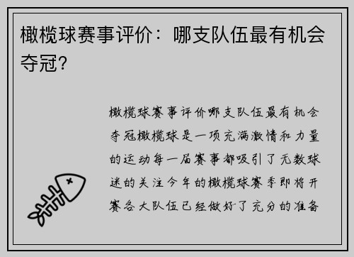 橄榄球赛事评价：哪支队伍最有机会夺冠？